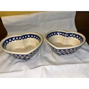 BOLESLAWIEC POLAND Heart Shaped Bowls (2)  Polish Pottery 6"x 2.25"